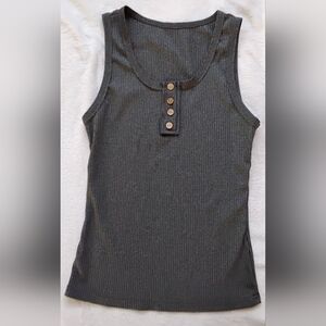 Charcoal Ribbed Tank Top with Button Accents